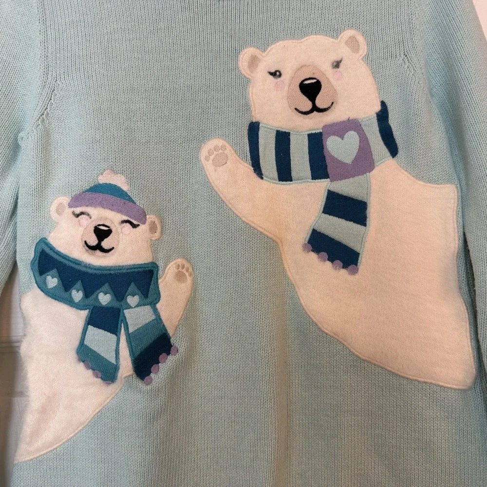 Gymboree Sweater Dress Girls 7 Aqua Blue Polar Bears Fuzzy Embroidered‎ Cotton